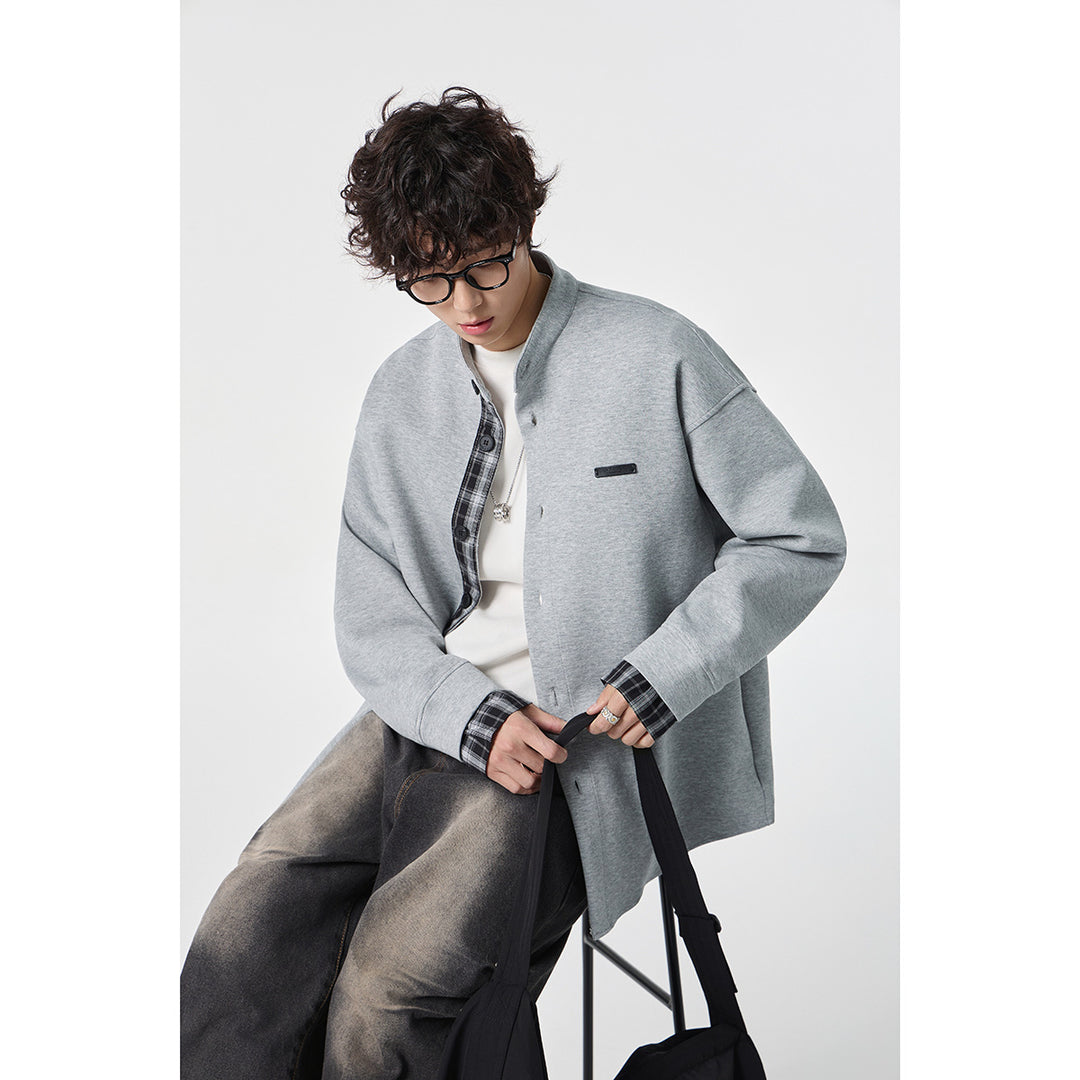Unisex Oversized Shirt Jacket in Sweat Overlay with Stand-Up Collar and Checkered Inner Cuff Mune Fashion