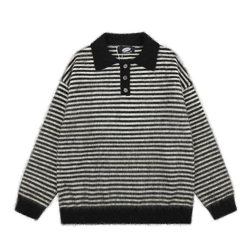 Women's Fluffy Knit Polo with Stripes, Contrasting Collar and Button Placket Mune Fashion