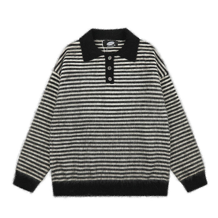 Women's Fluffy Knit Polo with Stripes, Contrasting Collar and Button Placket Mune Fashion