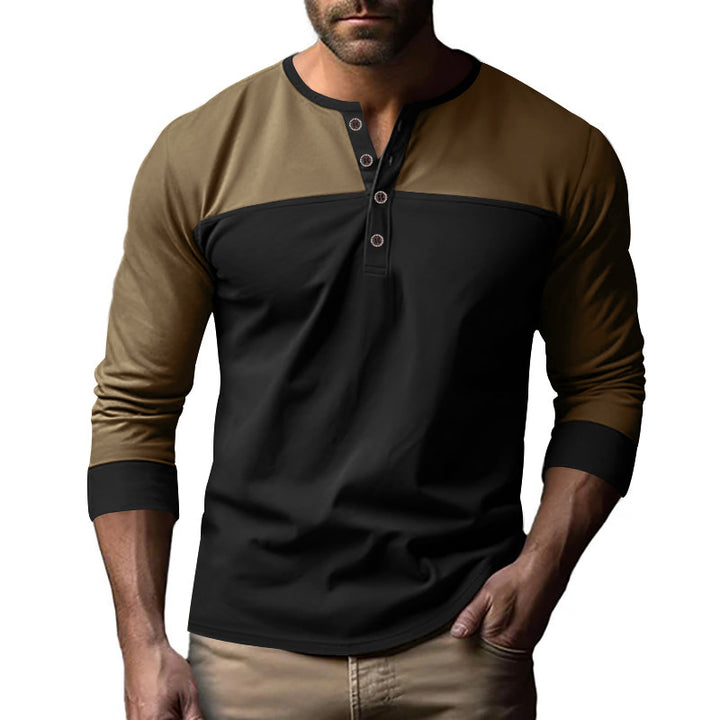 Men's two-tone long sleeve shirt in Henley style with shoulder yoke, short button placket and ribbed cuffs Mune Fashion