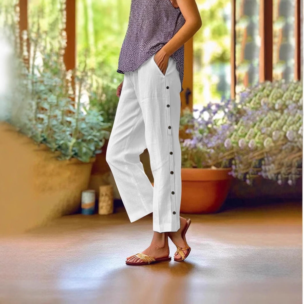 Women Light Linen Blend Pants with Side Button Placket and Straight Cropped Cut Mune Fashion