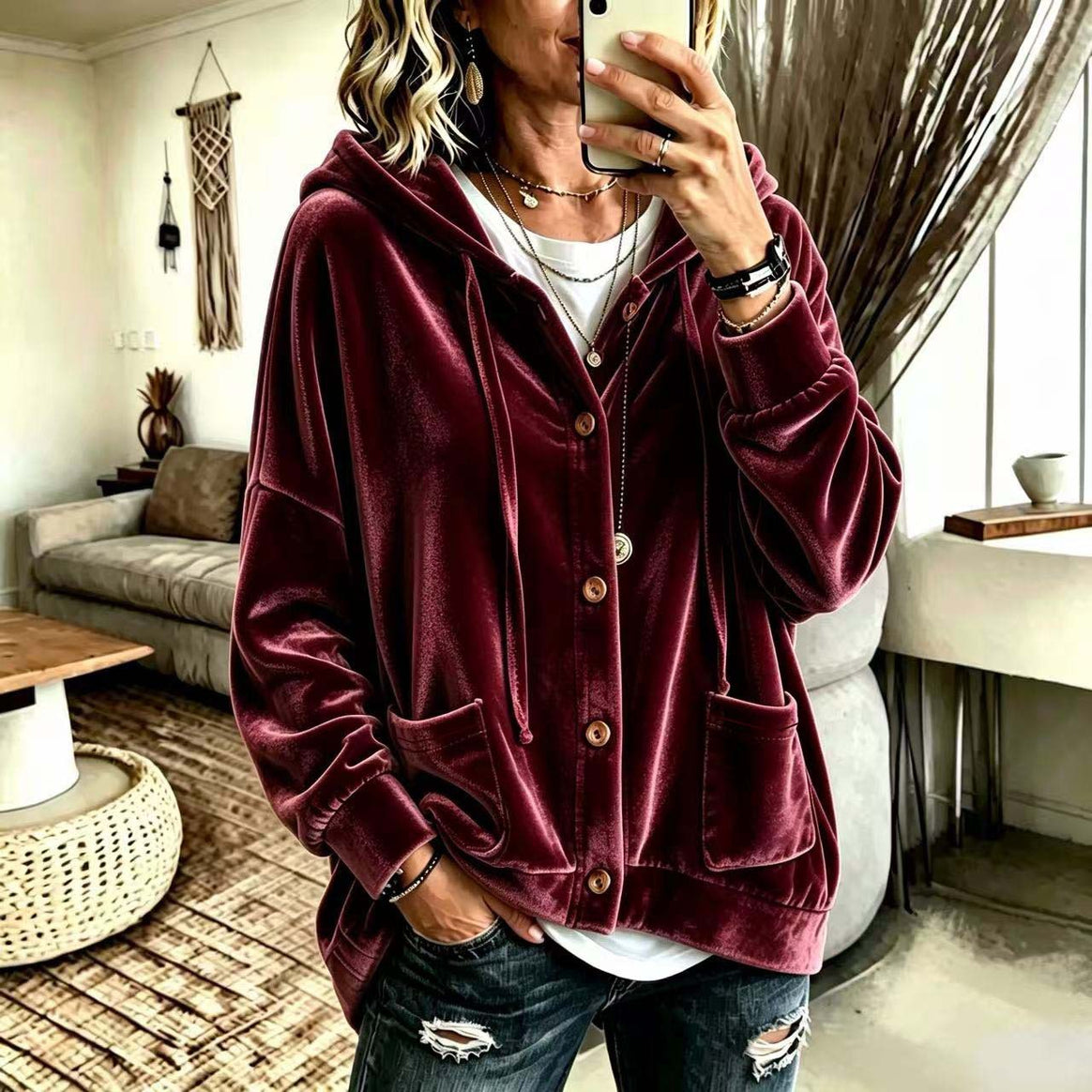 Women's Oversized Hooded Velvet Jacket with Button Placket and Patch Pockets Mune Fashion