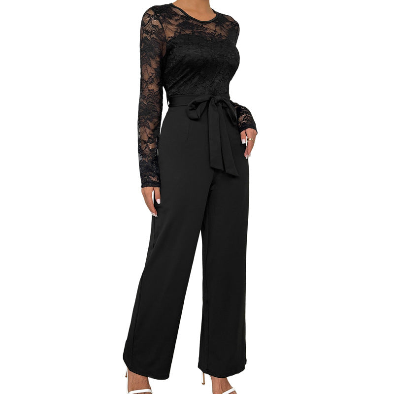 Women's lace jumpsuit with belted waist and wide leg Mune Fashion