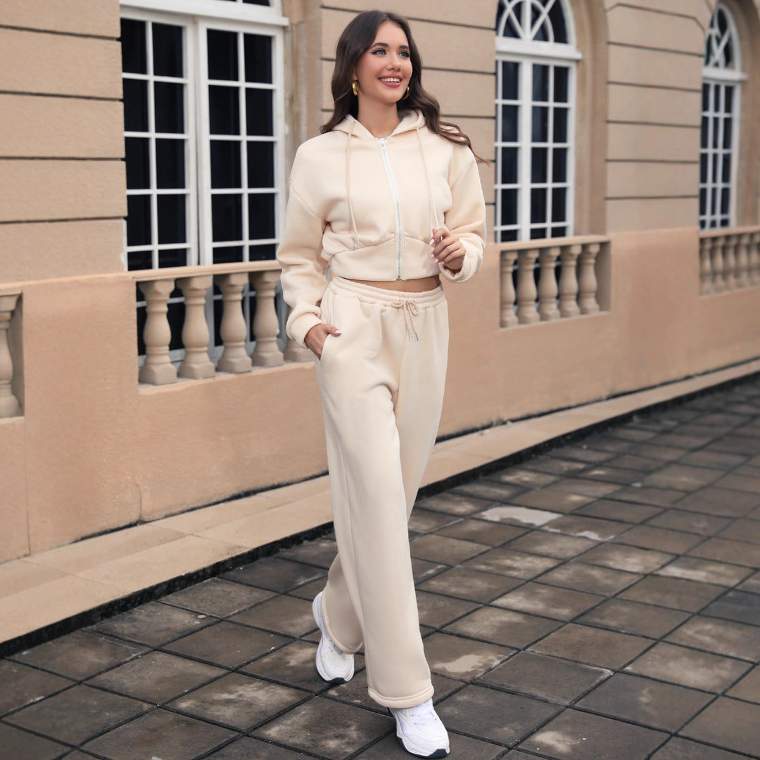 Women Cropped Hoodie Sweat Jacket and High-Waist Jogging Pants Set Mune Fashion