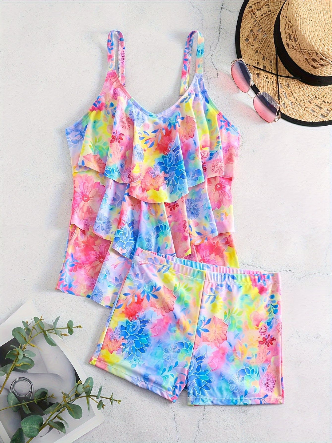 Women's leisure swim top with light ruffle design and shorts Mune Fashion