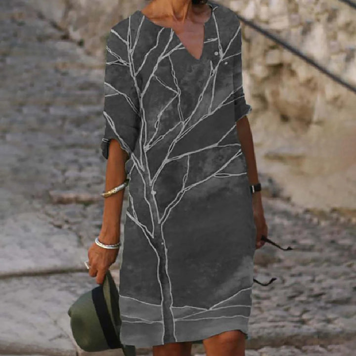 Ladies casual linen dress with V-neck and floral all-over pattern, knee-length with three-quarter sleeves Mune Fashion