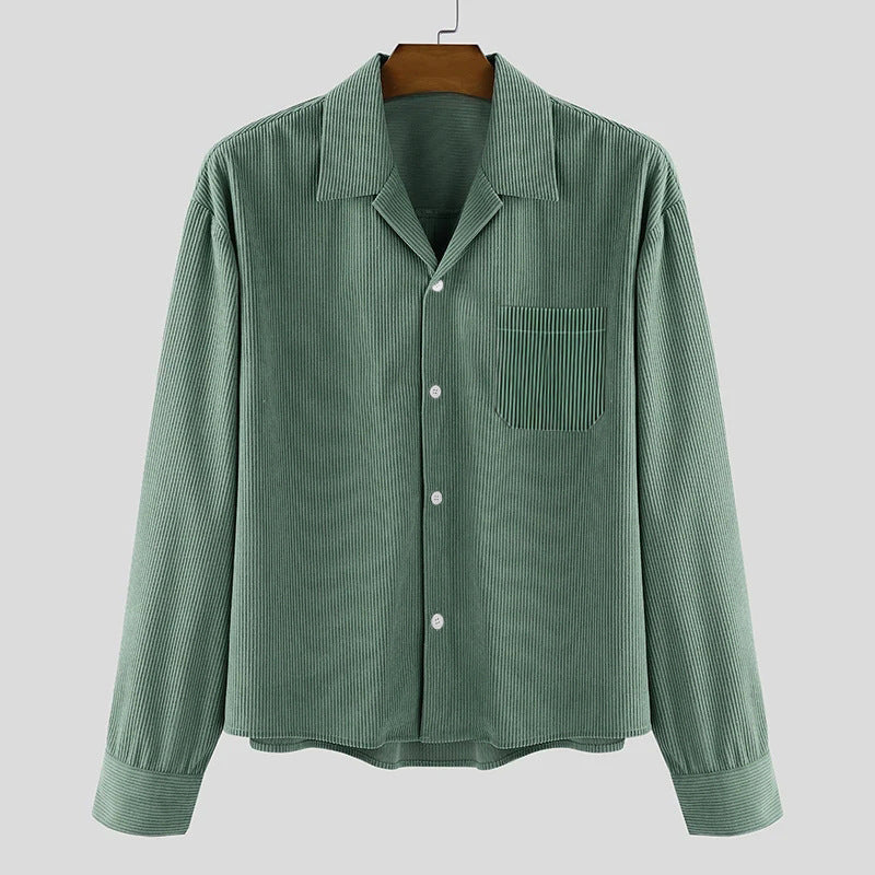 Men's ribbed long sleeve shirt with lapel collar, chest pocket, and relaxed fit Mune Fashion