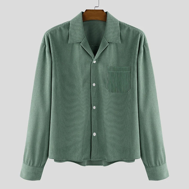 Men's ribbed long sleeve shirt with lapel collar, chest pocket, and relaxed fit Mune Fashion