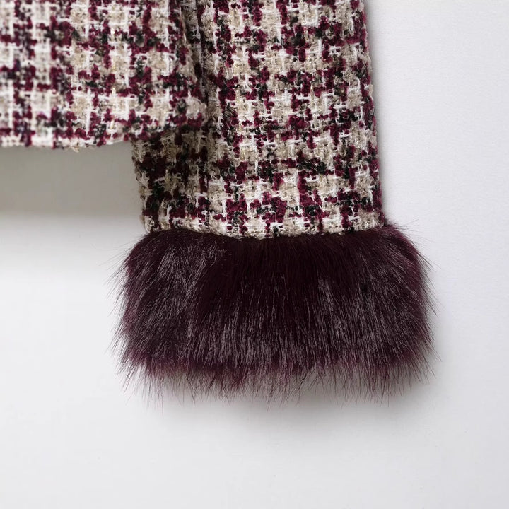 Women Boucle-Tweed Jacket with Stand-up Collar and Faux Fur Cuffs Mune Fashion