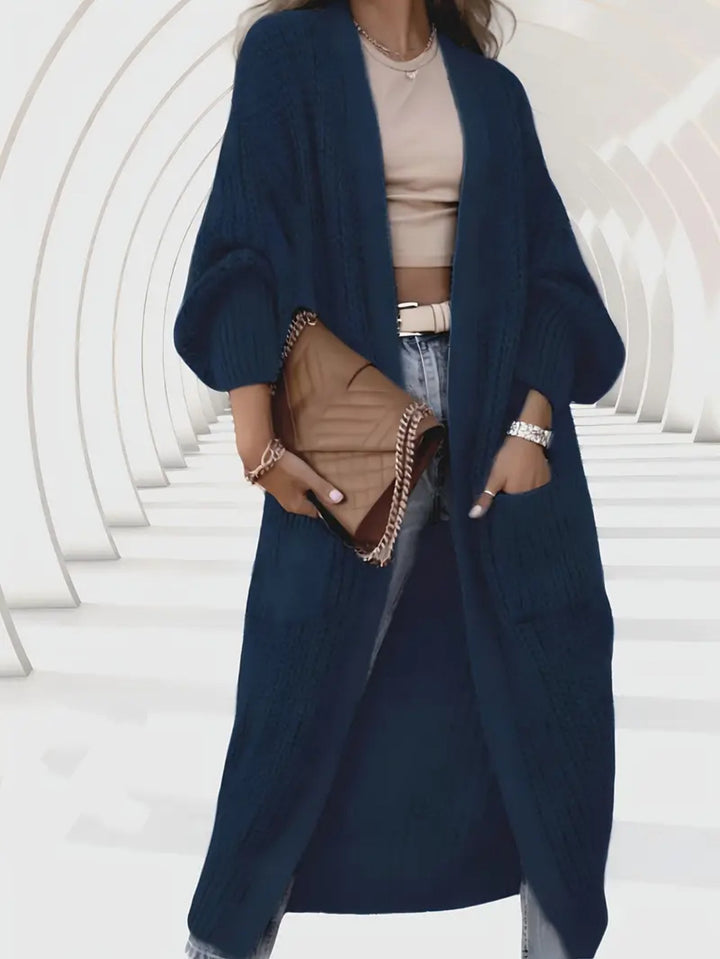 Women Long Open Chunky Knit Coat Cardigan with Braided Structure and Dropped Shoulder Mune Fashion