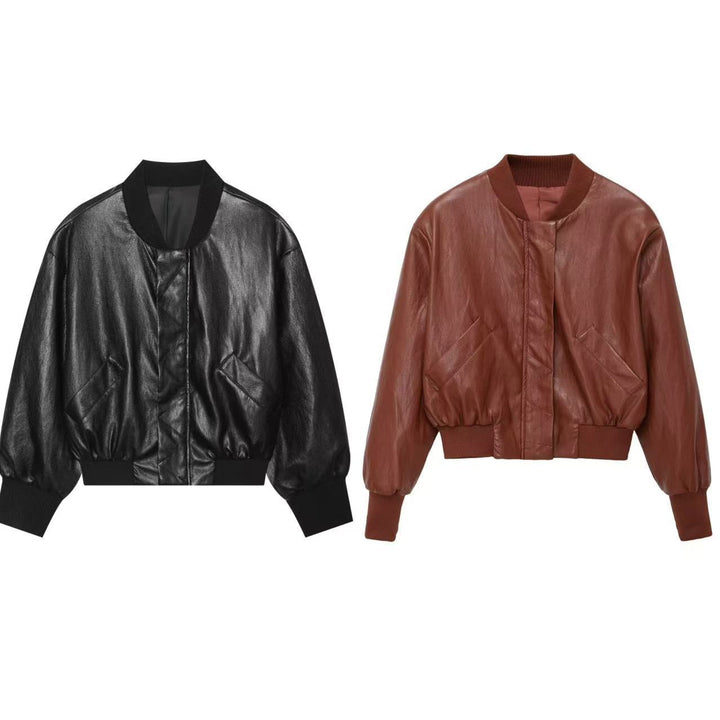 Ladies oversized bomber jacket in leather look with ribbed stand collar and balloon sleeves Mune Fashion