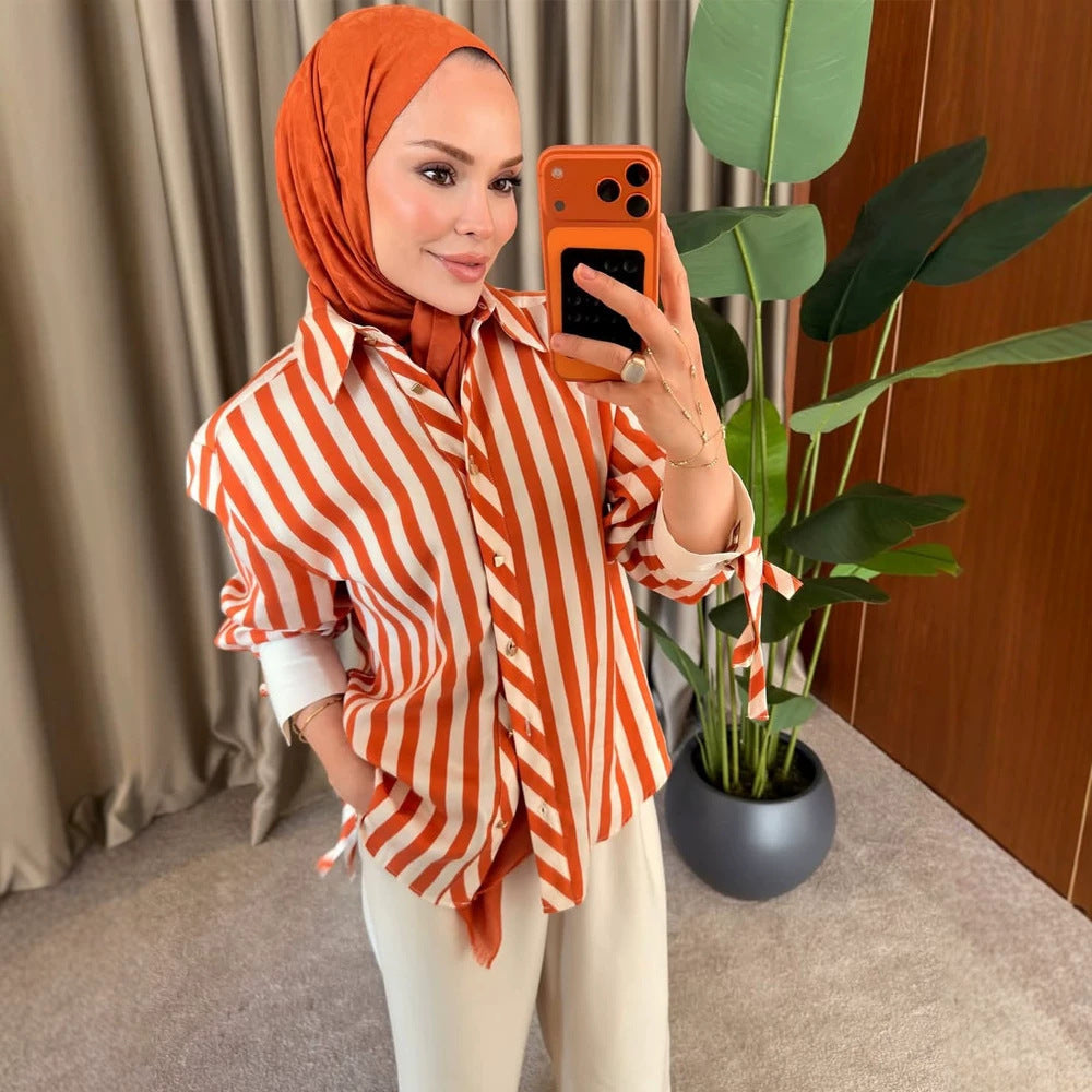 Women Striped Oversize Shirt Blouse with Ties on Sleeves and Concealed Button Placket Mune Fashion