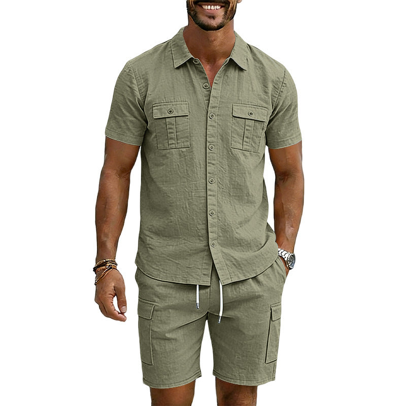 Men's summer short-sleeve shirt and cargo bermuda set made of linen blend with chest pockets and drawstring waistband Mune Fashion