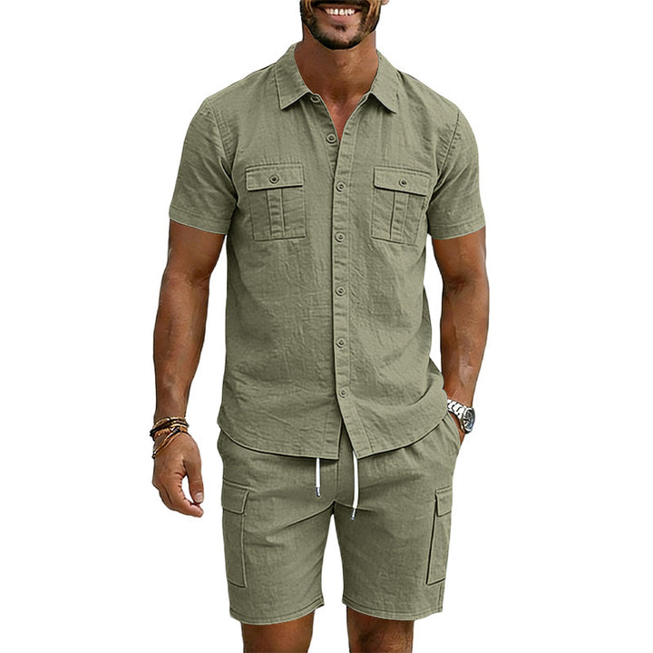 Men's summer short-sleeve shirt and cargo bermuda set made of linen blend with chest pockets and drawstring waistband Mune Fashion