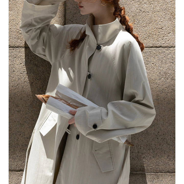 Women Lightweight Oversize Trench Coat with High Stand Collar, Adjustable Cuffs & Tied Belt Mune Fashion