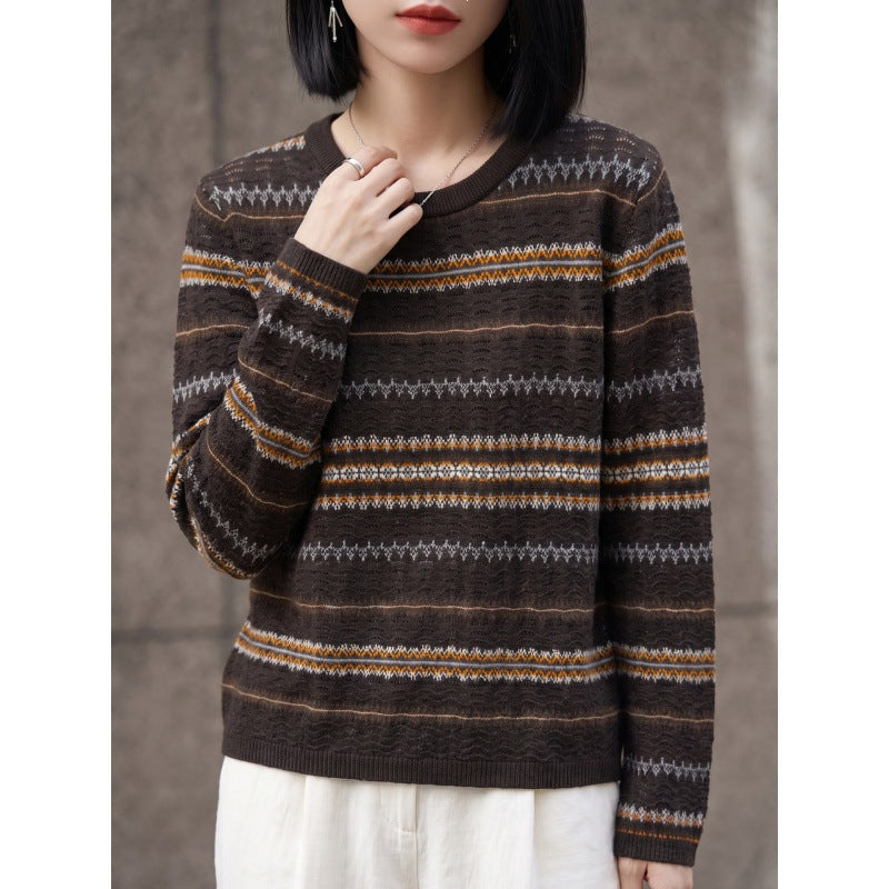Women's Lightweight Round Neck Sweater in Norwegian Stripe Design with Structured Eyelet Optics Mune Fashion