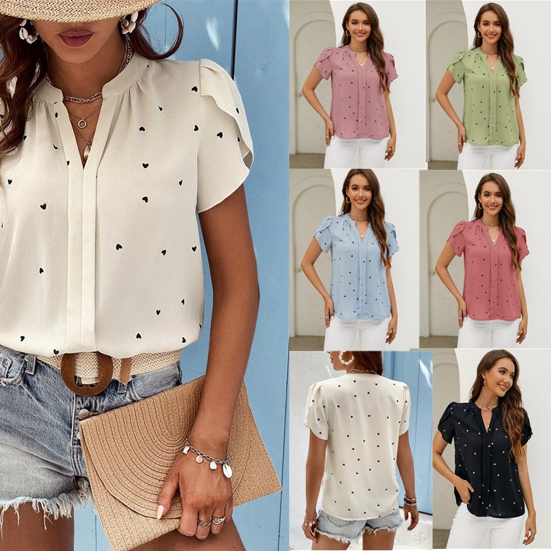 Women's Lightweight Chiffon Blouse with V-Neck, Heart Print and Ruffled Short Sleeves Mune Fashion