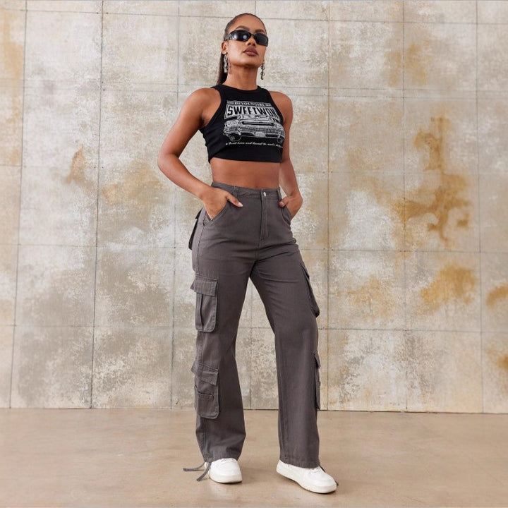 Women's Utility Cargo Pants with Wide Leg, Multiple Pockets and High Waist Fit Mune Fashion