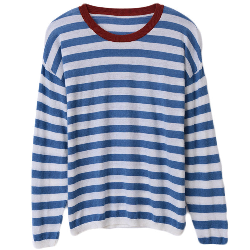 Women Maritime-inspired striped fine knit shirt with wide boat neck and contrast trim Mune Fashion