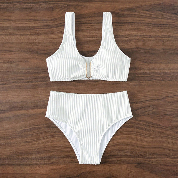 Ladies High-Waisted Bikini Set with Elegant Striped Pattern Mune Fashion