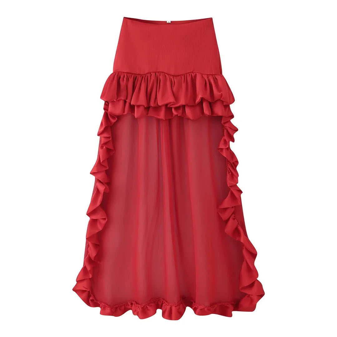 Women's maxi skirt with high waist, multi-layered ruffles and transparent tulle overlay Mune Fashion