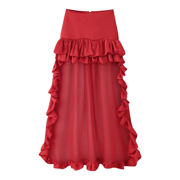 Women's maxi skirt with high waist, multi-layered ruffles and transparent tulle overlay Mune Fashion
