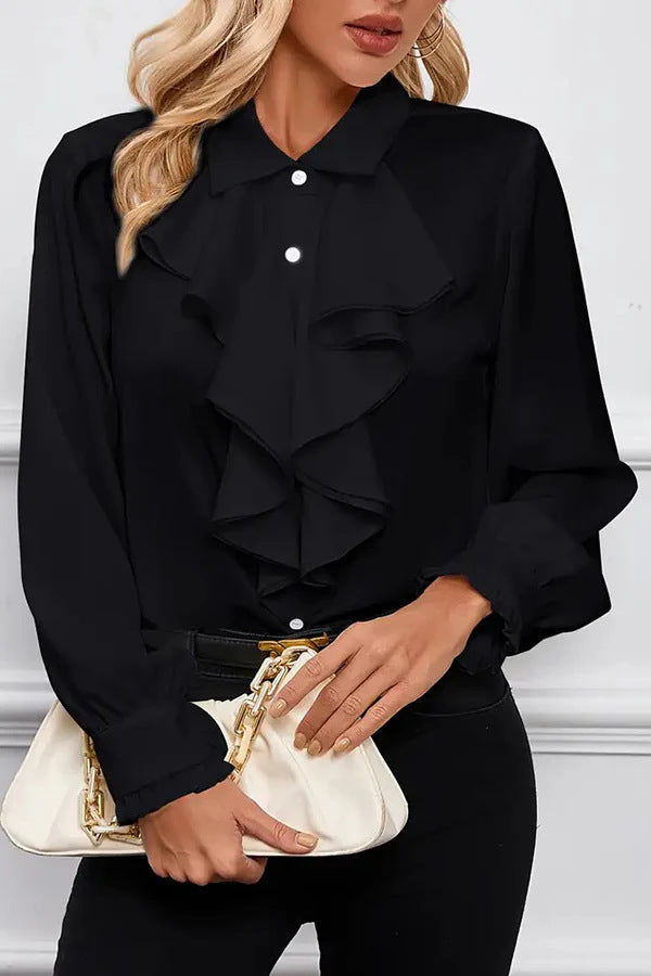 Women Elegant Ruffled Blouse with Flounces, Shirt Collar and Cuffs Drune