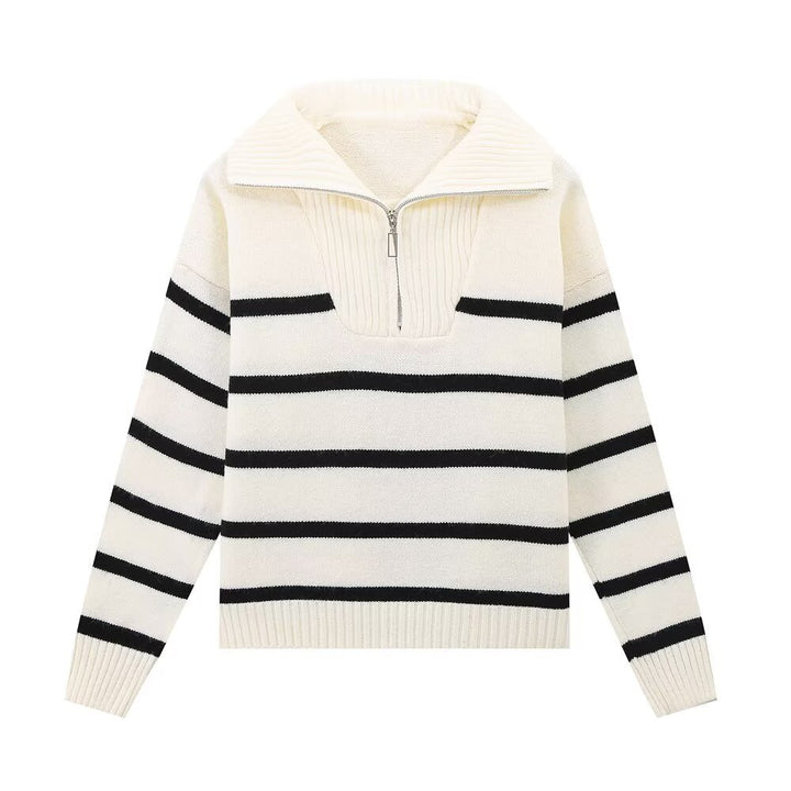 Women's Striped Knit Sweater with High Turtleneck and Half Zipper Mune Fashion
