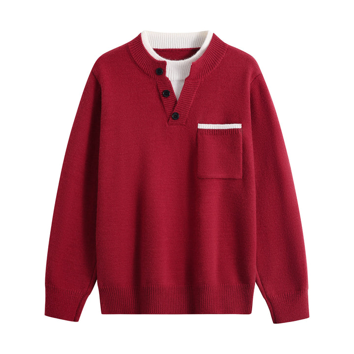 Men's fine knit Henley sweater with button placket, chest pocket & contrast collar Mune Fashion