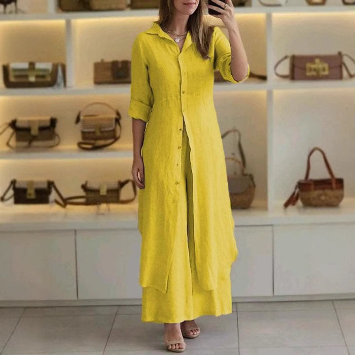 Women's long linen shirt dress with continuous button placket, shirt collar, and subtle A-line cut Mune Fashion