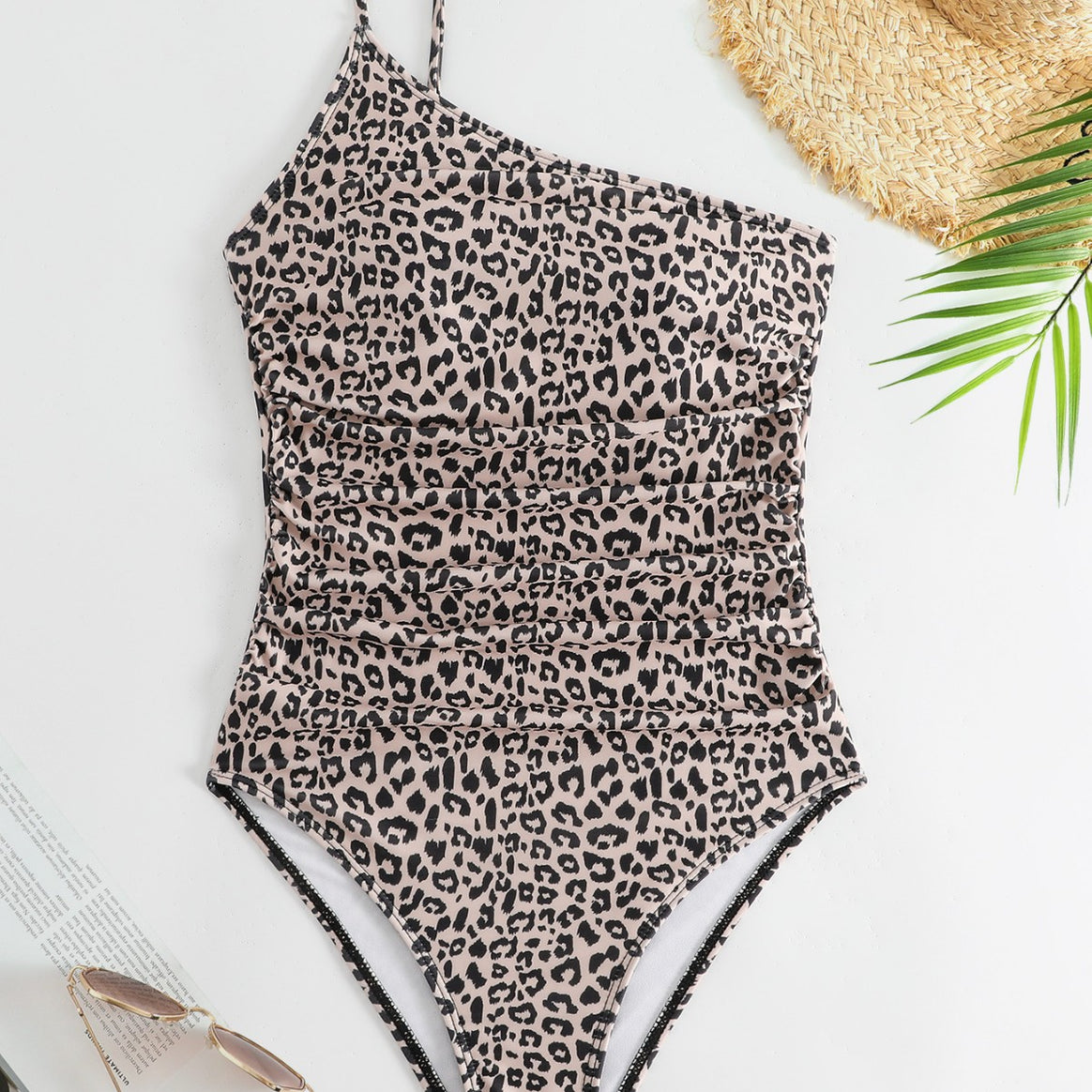 Women's One-Shoulder Swimsuit with Stylish Animal Print and Feminine Gatherings Mune Fashion