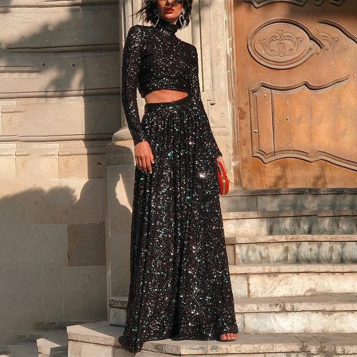 Women two-piece sequin evening set with high-neck crop top and flowing maxi skirt Mune Fashion