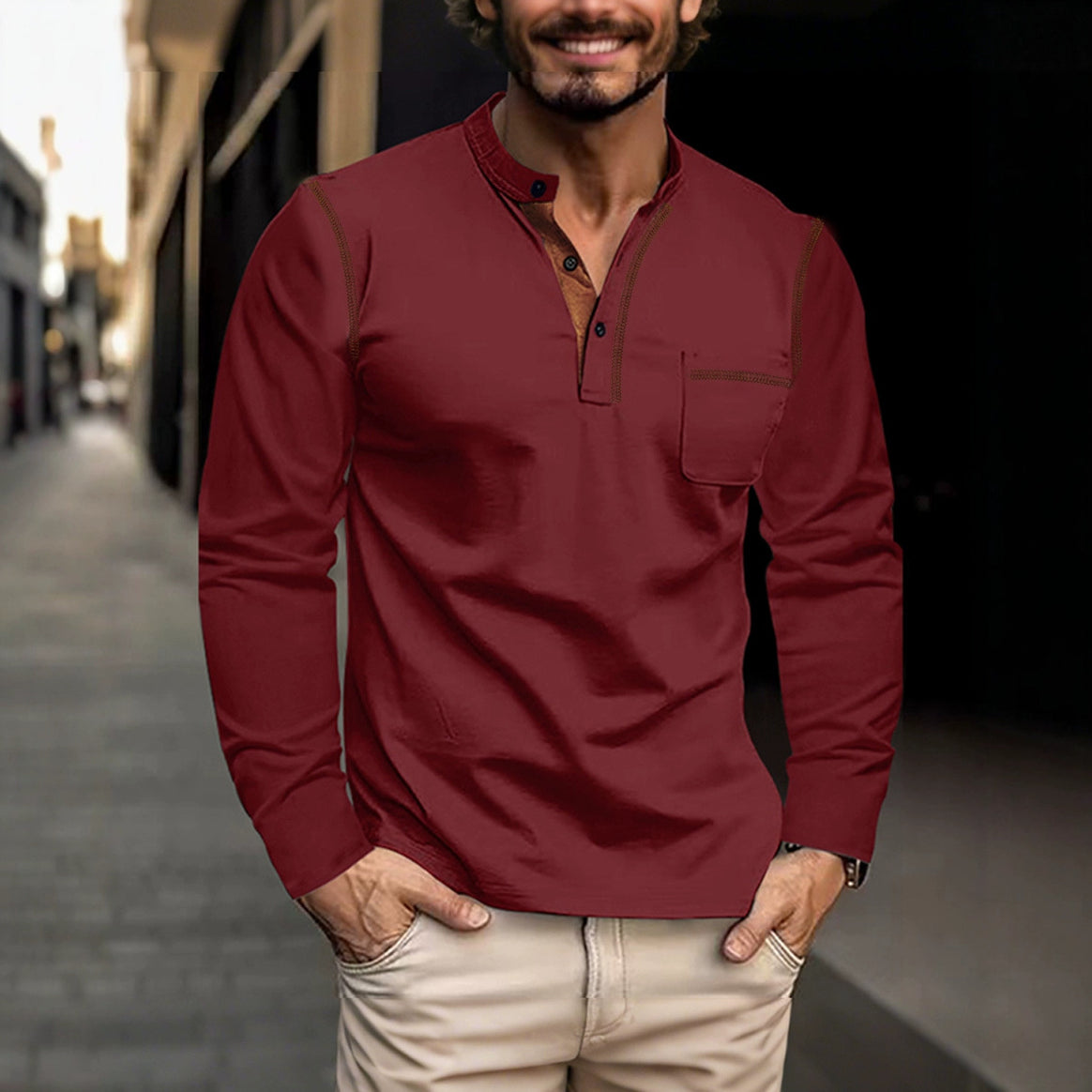 Men's nan legeres long sleeve henley shirt with stand-up collar, button placket, and chest pocket Mune Fashion