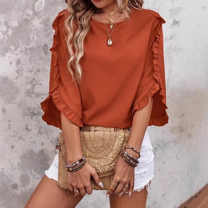 Women's Lightweight Ruffle Cape Top with Wide Batwing Sleeves Drune
