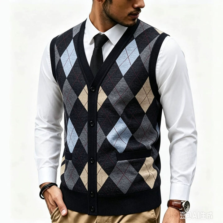 Men's fine-knit vest with V-neck, button placket and diamond pattern Mune Fashion