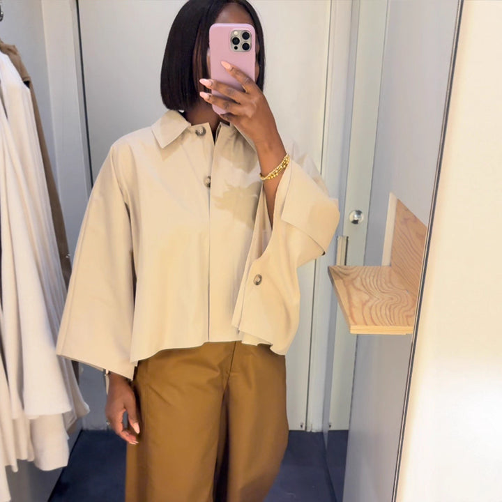 Women's Boxy Cropped Shirt Blouse with Wide Batwing Sleeve and Fine Tuck Mune Fashion