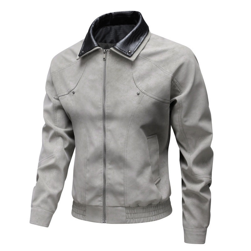 Men's Vintage-inspired Faux Leather Blouson Jacket with Contrast Collar Mune Fashion