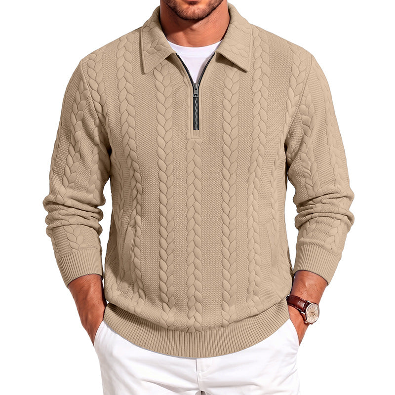 Men's Structured Cable Knit Half-Zip Sweater with Shirt Collar and Ribbed Cuffs Mune Fashion