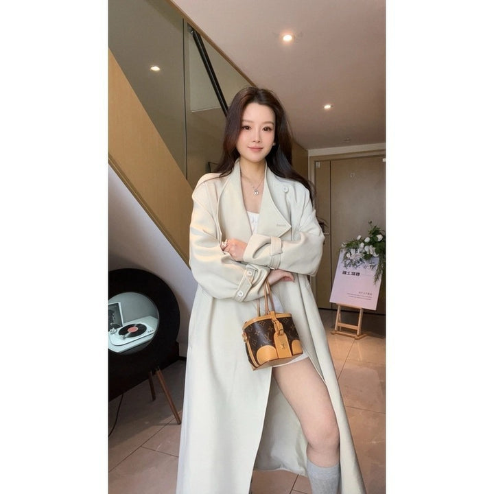 Women’s Maxi Trench Coat with Waterfall Collar and Gathered Sleeves Mune Fashion