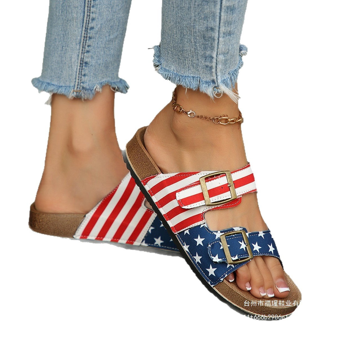 Women's Casual Cork Footbed Sandals with Adjustable Double Straps and Star Stripe Pattern Mune Fashion