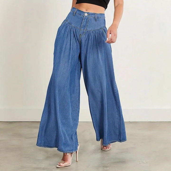 Women High-Waisted Denim Palazzo Pants with Gathered Box Pleat and Extra Wide Leg Mune Fashion
