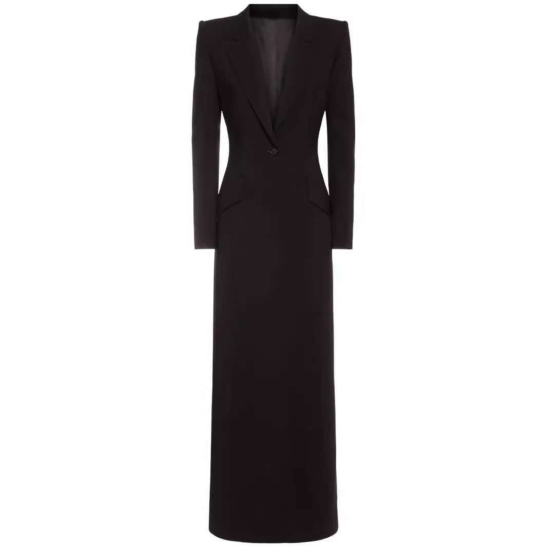 Women’s long tailored blazer dress with deep V-neckline and structured shoulder pads Mune Fashion