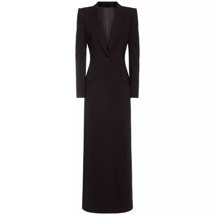 Women’s long tailored blazer dress with deep V-neckline and structured shoulder pads Mune Fashion
