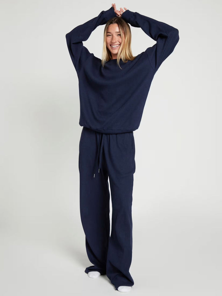 Ladies Waffle Knit Loungewear Set with Oversized Sweater and Drawstring Jogging Pants Mune Fashion