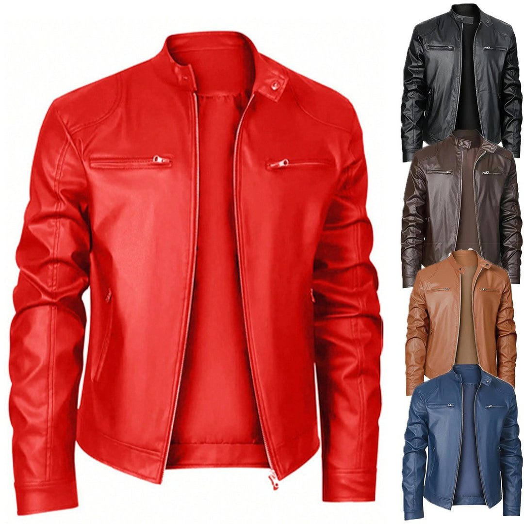 Men's slim faux leather biker jacket with stand-up collar, full zip and two chest pockets Mune Fashion