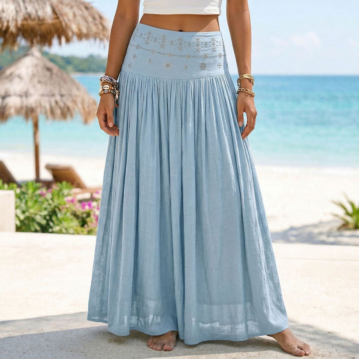 Ladies nan maxi-flounce skirt with embroidered waistband and fine pleats Mune Fashion
