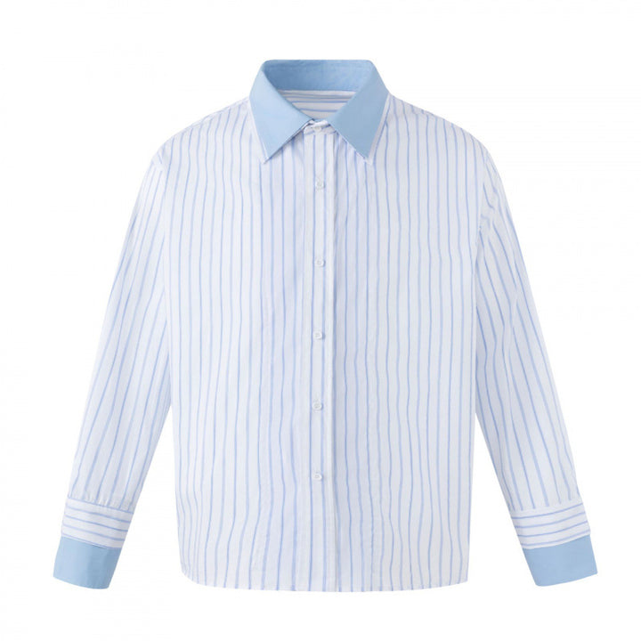 Women's Oversized Shirt Blouse with Pinstripes, Contrast Collar and Cuffs Mune Fashion