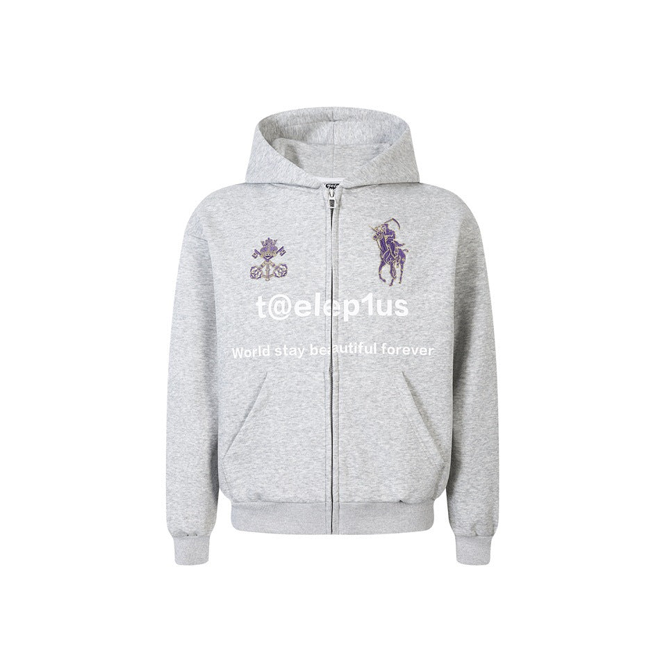 Unisex Hooded Zip Jacket with Embroidered Crest and Front Print Mune Fashion