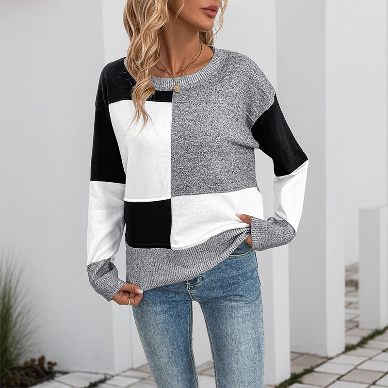Women's block pattern knitted sweater with round neck and relaxed fit Mune Fashion
