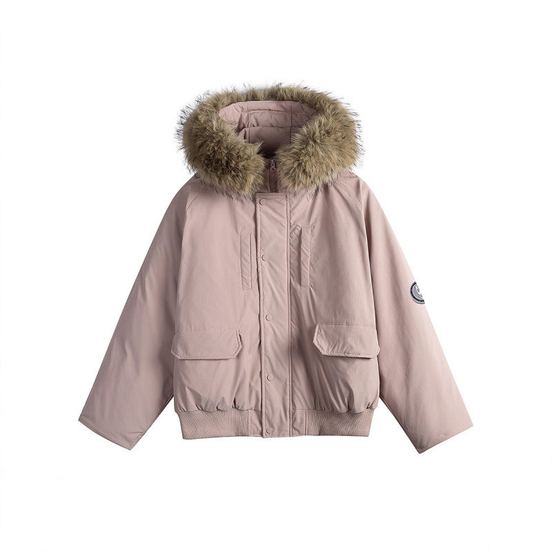 Women's short bomber jacket with thermal padding, hood with removable faux fur and utility pockets Mune Fashion